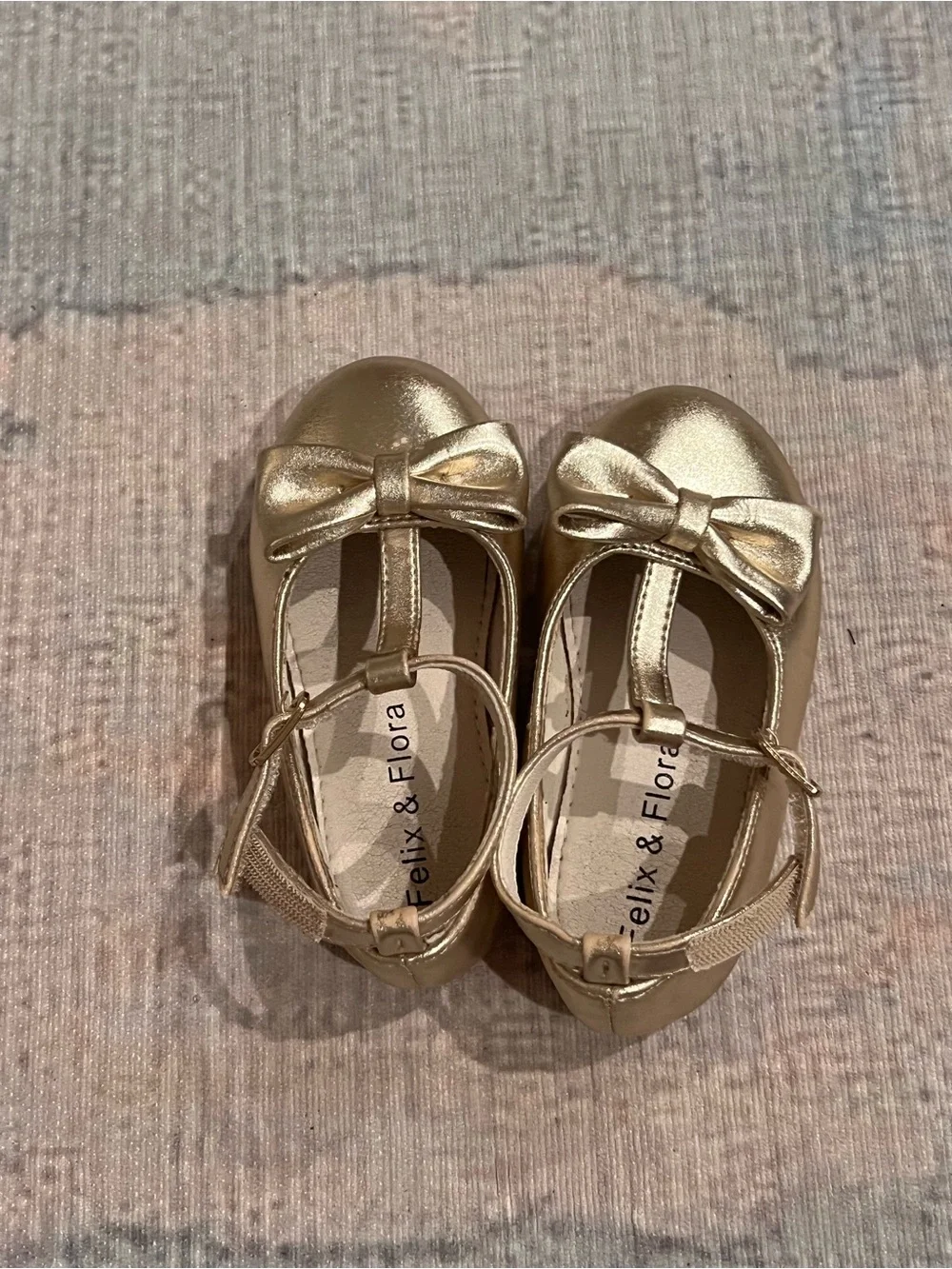 Kids' Gold T-Strap Bow Shoes